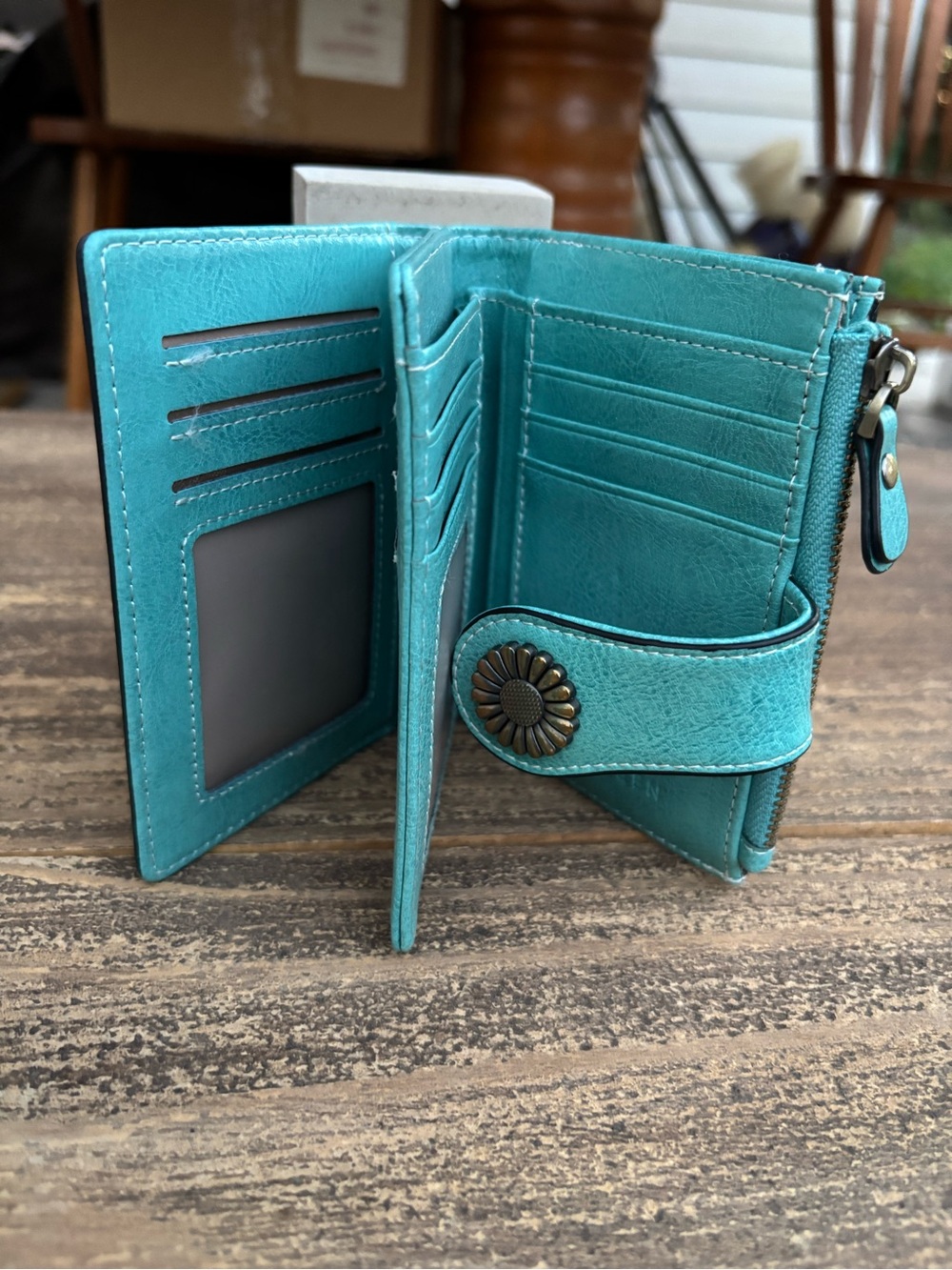 Women’s Teal Card Wallet with Flower Snap - Picture 4 of 7